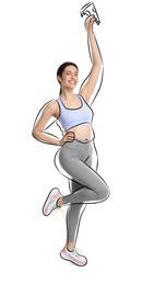 Image of Beautiful woman with fit figure on white background. Lines around her body showing overweight shape before and love for fast food. Healthy lifestyle