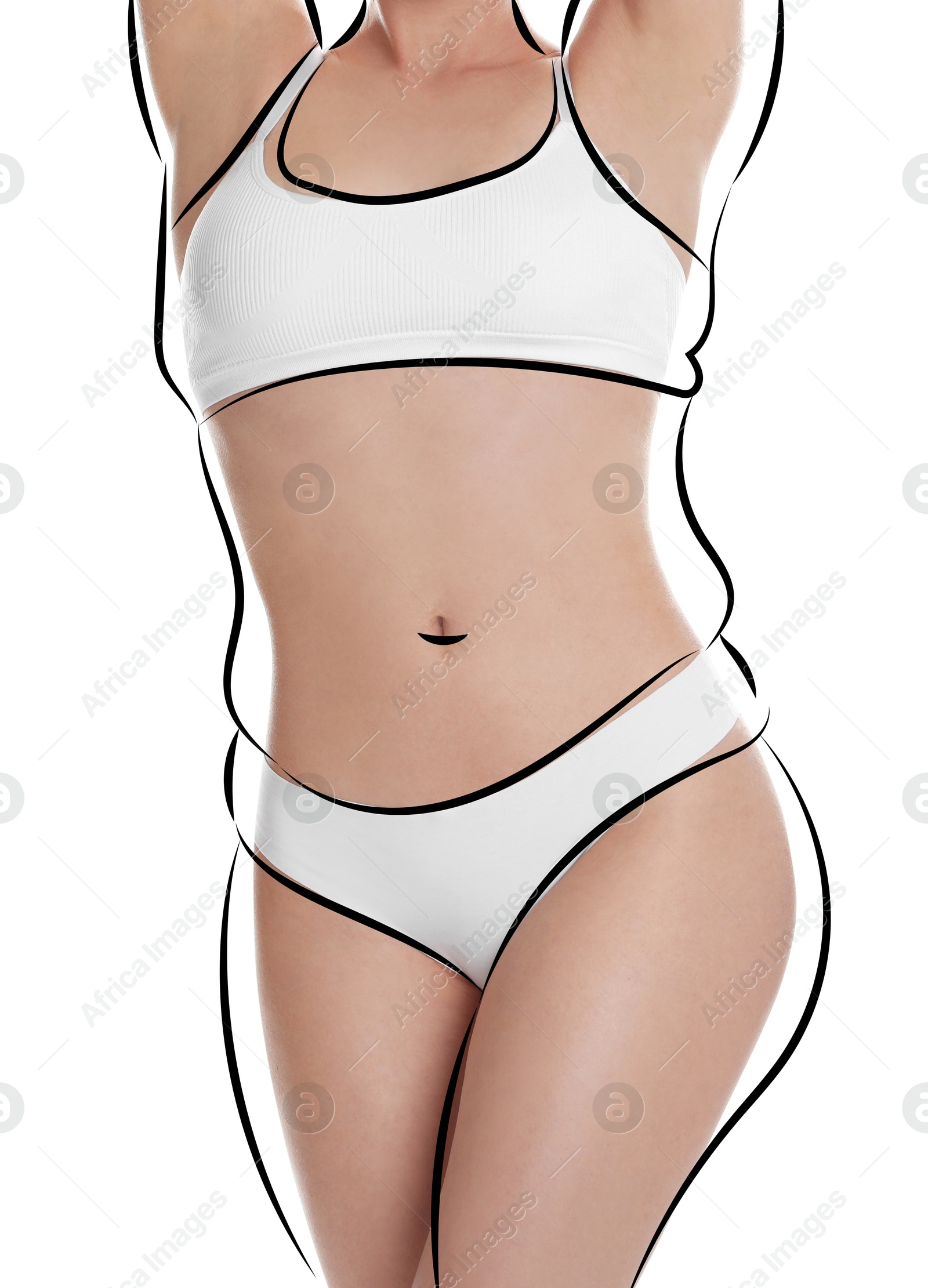 Beautiful woman with fit figure on white background, closeup. Lines around her body showing overweight shape before. Healthy lifestyle Image of Beautiful woman with fit figure on white background, closeup. Lines around her body showing overweight shape before. Healthy lifestyle