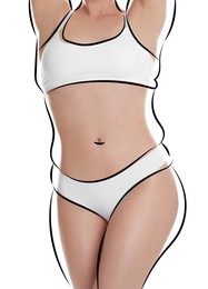 Image of Beautiful woman with fit figure on white background, closeup. Lines around her body showing overweight shape before. Healthy lifestyle