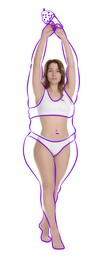 Image of Beautiful woman with fit figure on white background. Lines around her body showing overweight shape before and love for sweets. Healthy lifestyle