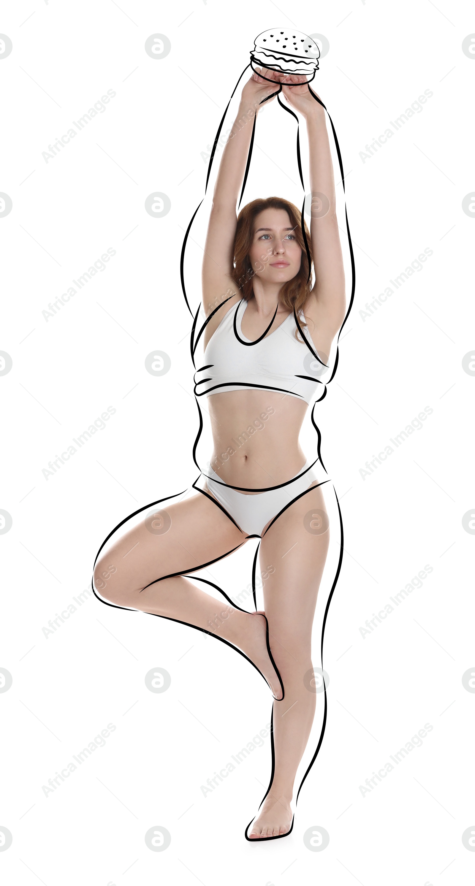 Beautiful woman with fit figure on white background. Lines around her body showing overweight shape before. Healthy lifestyle Image of Beautiful woman with fit figure on white background. Lines around her body showing overweight shape before. Healthy lifestyle