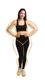 Image of Beautiful woman with fit figure on white background. Lines around her body showing overweight shape before. Healthy lifestyle