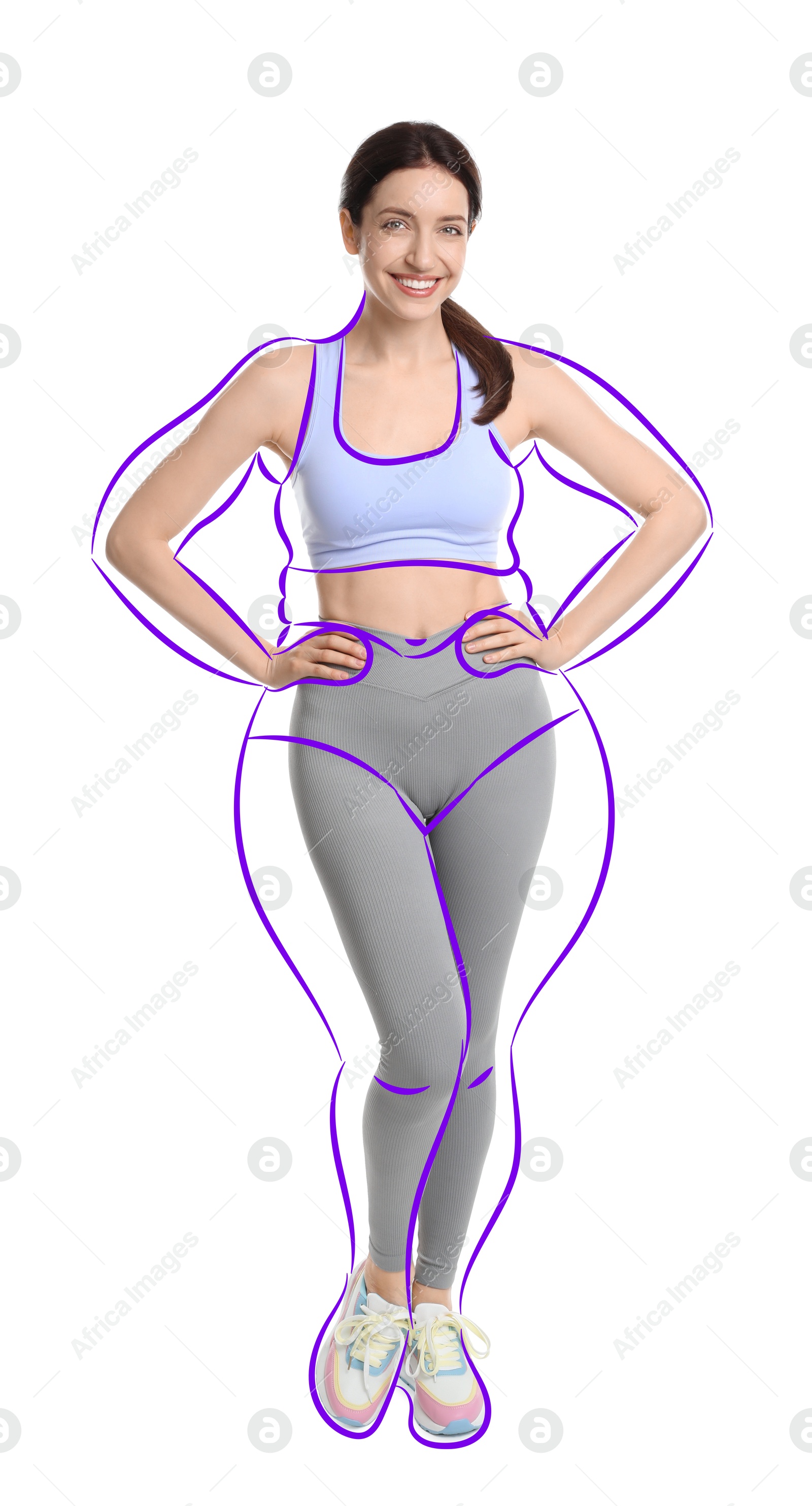 Beautiful woman with fit figure on white background. Lines around her body showing overweight shape before. Healthy lifestyle Image of Beautiful woman with fit figure on white background. Lines around her body showing overweight shape before. Healthy lifestyle