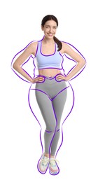 Image of Beautiful woman with fit figure on white background. Lines around her body showing overweight shape before. Healthy lifestyle