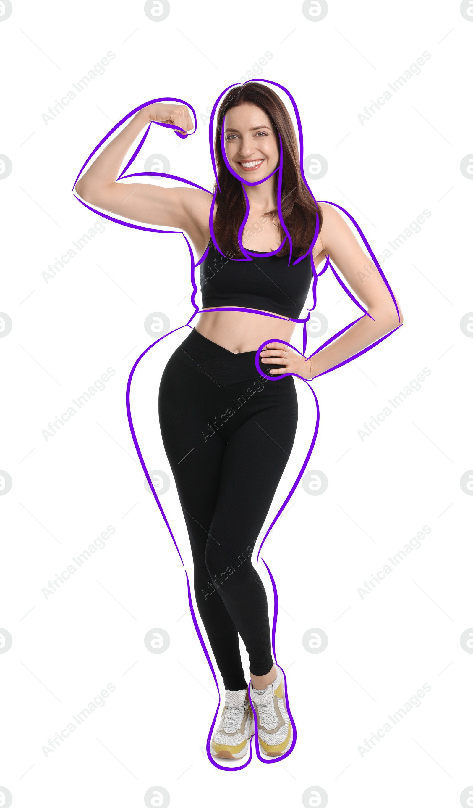 Beautiful woman with fit figure on white background. Lines around her body showing overweight shape before. Healthy lifestyle Image of Beautiful woman with fit figure on white background. Lines around her body showing overweight shape before. Healthy lifestyle