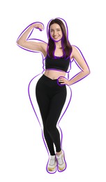 Image of Beautiful woman with fit figure on white background. Lines around her body showing overweight shape before. Healthy lifestyle