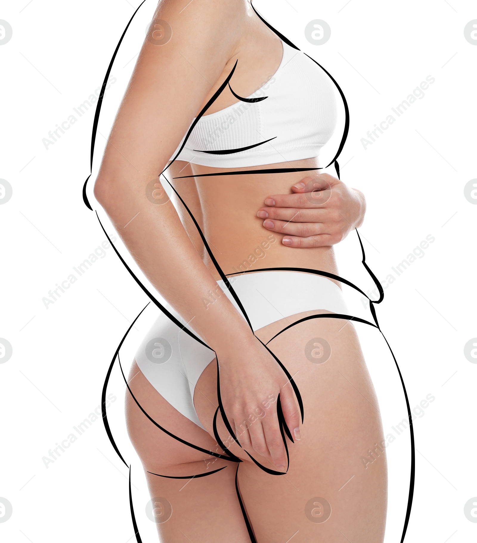 Beautiful woman with fit figure on white background, closeup. Lines around her body showing overweight shape before. Healthy lifestyle Image of Beautiful woman with fit figure on white background, closeup. Lines around her body showing overweight shape before. Healthy lifestyle