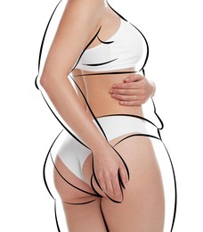 Image of Beautiful woman with fit figure on white background, closeup. Lines around her body showing overweight shape before. Healthy lifestyle