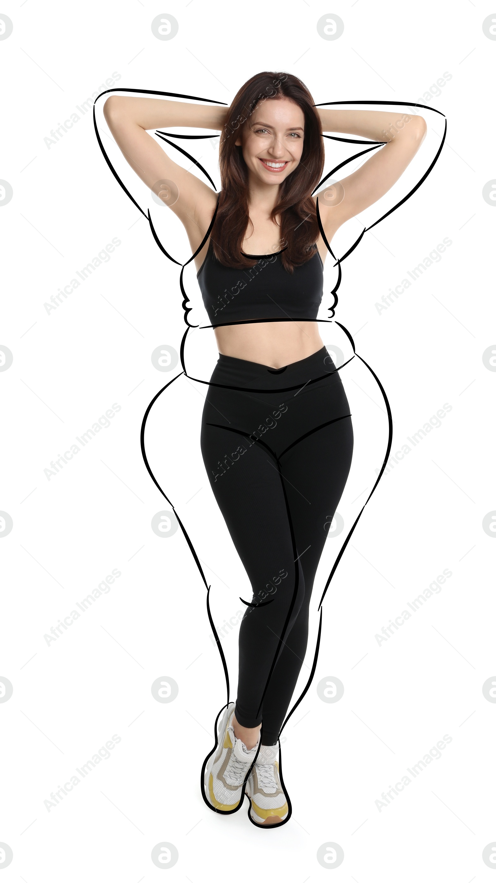 Beautiful woman with fit figure on white background. Lines around her body showing overweight shape before. Healthy lifestyle Image of Beautiful woman with fit figure on white background. Lines around her body showing overweight shape before. Healthy lifestyle