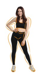 Image of Beautiful woman with fit figure on white background. Lines around her body showing overweight shape before. Healthy lifestyle