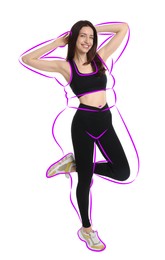 Image of Beautiful woman with fit figure on white background. Lines around her body showing overweight shape before. Healthy lifestyle