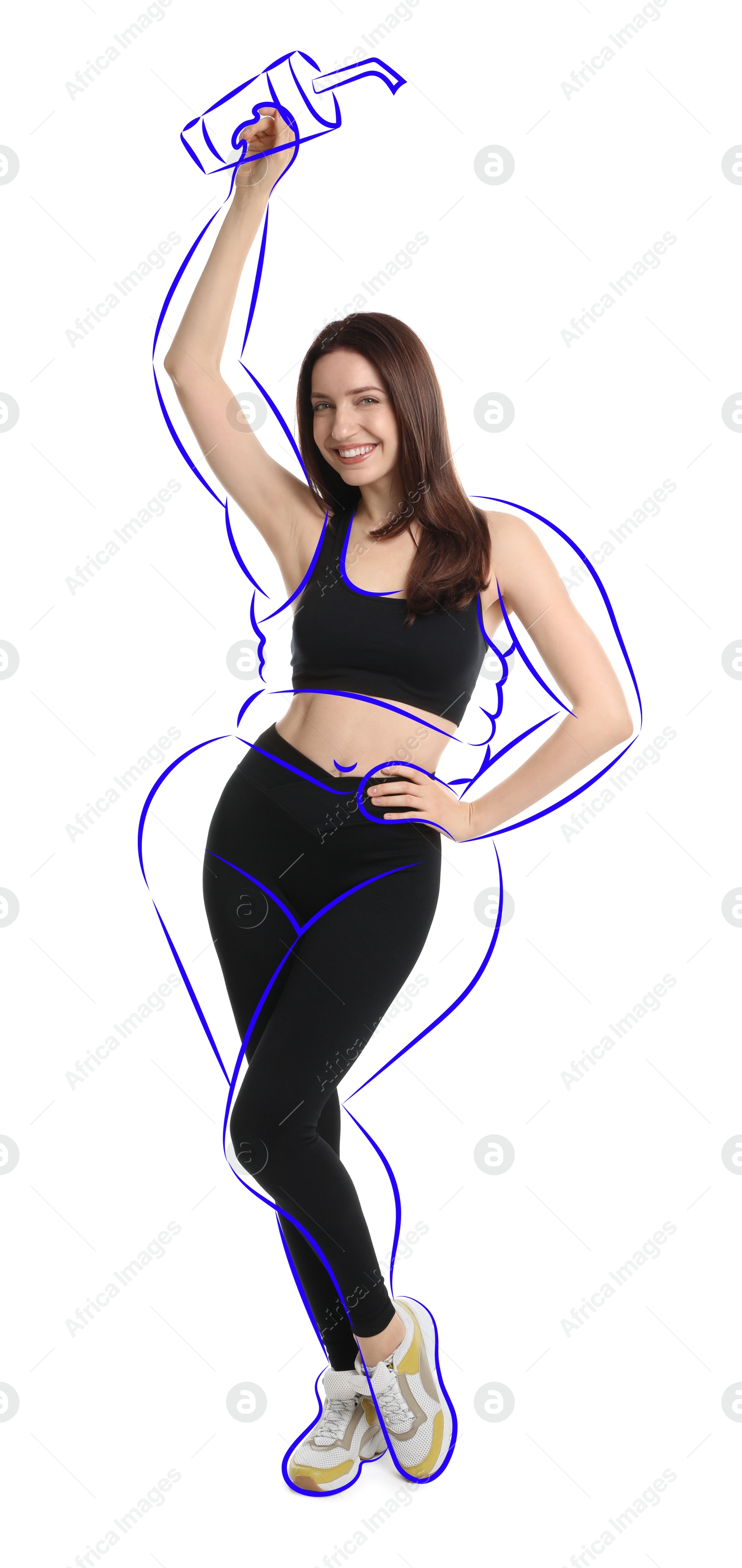 Beautiful woman with fit figure on white background. Lines around her body showing overweight shape before and love for unhealthy sweet drinks. Healthy lifestyle Image of Beautiful woman with fit figure on white background. Lines around her body showing overweight shape before and love for unhealthy sweet drinks. Healthy lifestyle