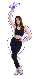 Image of Beautiful woman with fit figure on white background. Lines around her body showing overweight shape before and love for unhealthy sweet drinks. Healthy lifestyle