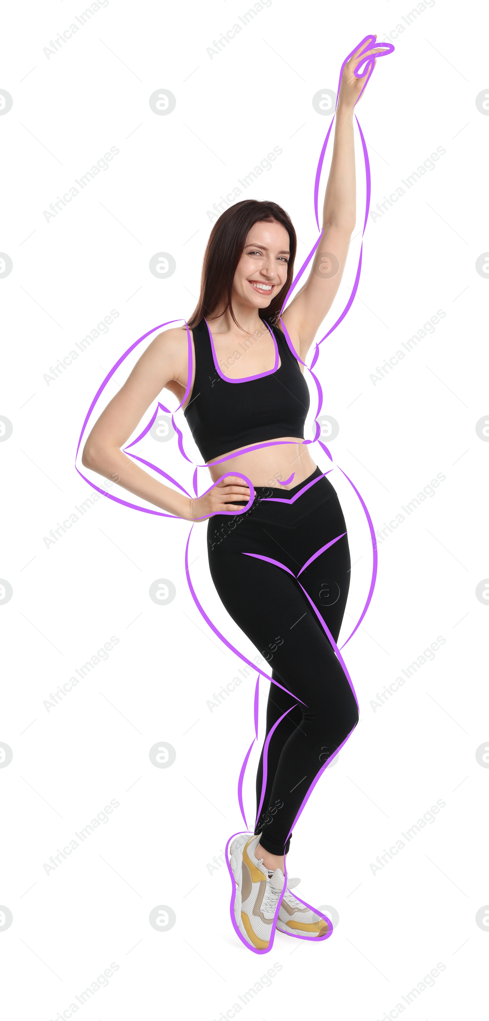 Beautiful woman with fit figure on white background. Lines around her body showing overweight shape before. Healthy lifestyle Image of Beautiful woman with fit figure on white background. Lines around her body showing overweight shape before. Healthy lifestyle