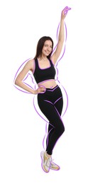 Image of Beautiful woman with fit figure on white background. Lines around her body showing overweight shape before. Healthy lifestyle