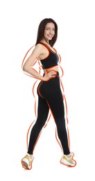 Image of Beautiful woman with fit figure on white background. Lines around her body showing overweight shape before. Healthy lifestyle