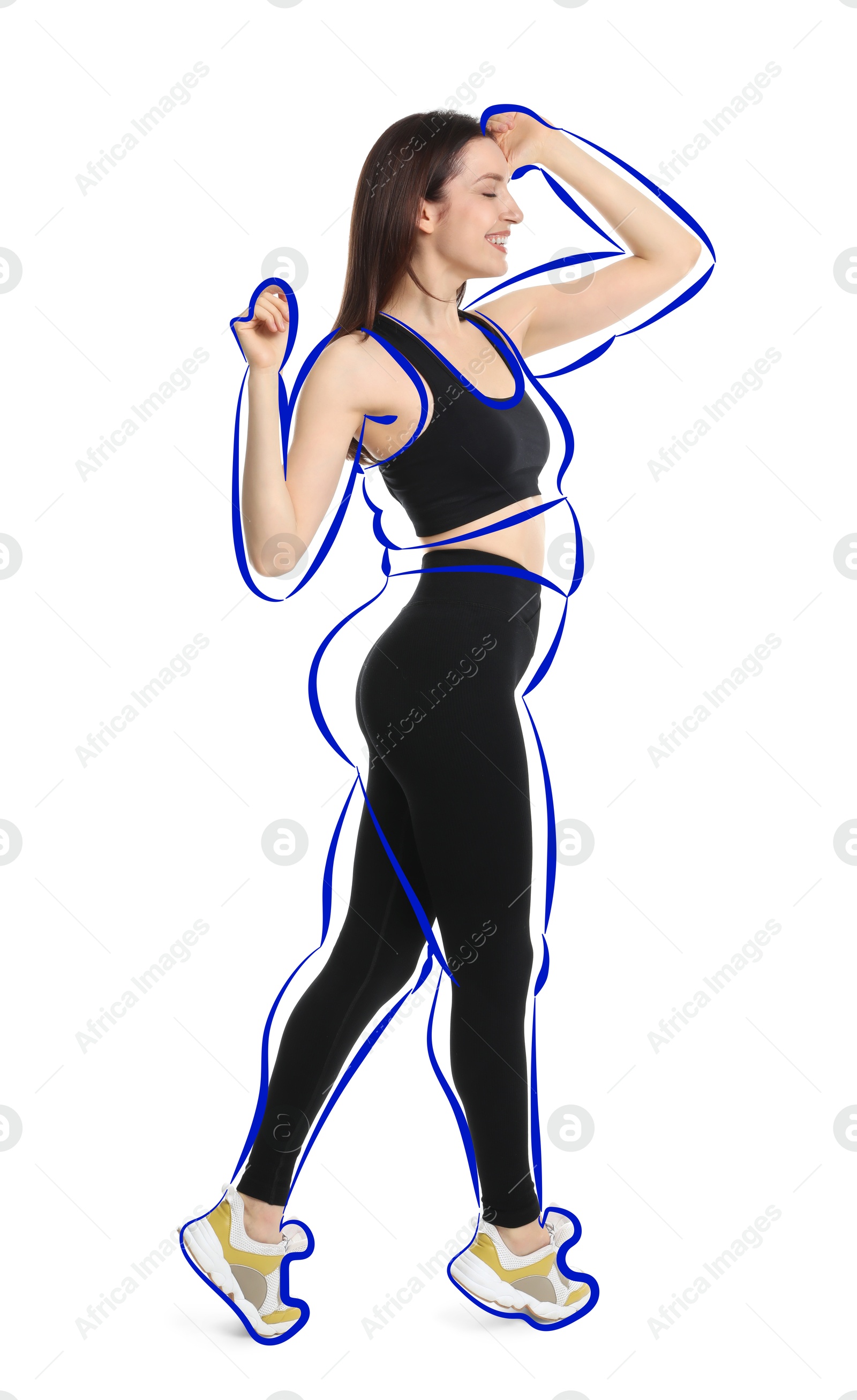 Beautiful woman with fit figure on white background. Lines around her body showing overweight shape before. Healthy lifestyle Image of Beautiful woman with fit figure on white background. Lines around her body showing overweight shape before. Healthy lifestyle