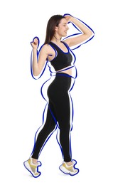 Image of Beautiful woman with fit figure on white background. Lines around her body showing overweight shape before. Healthy lifestyle