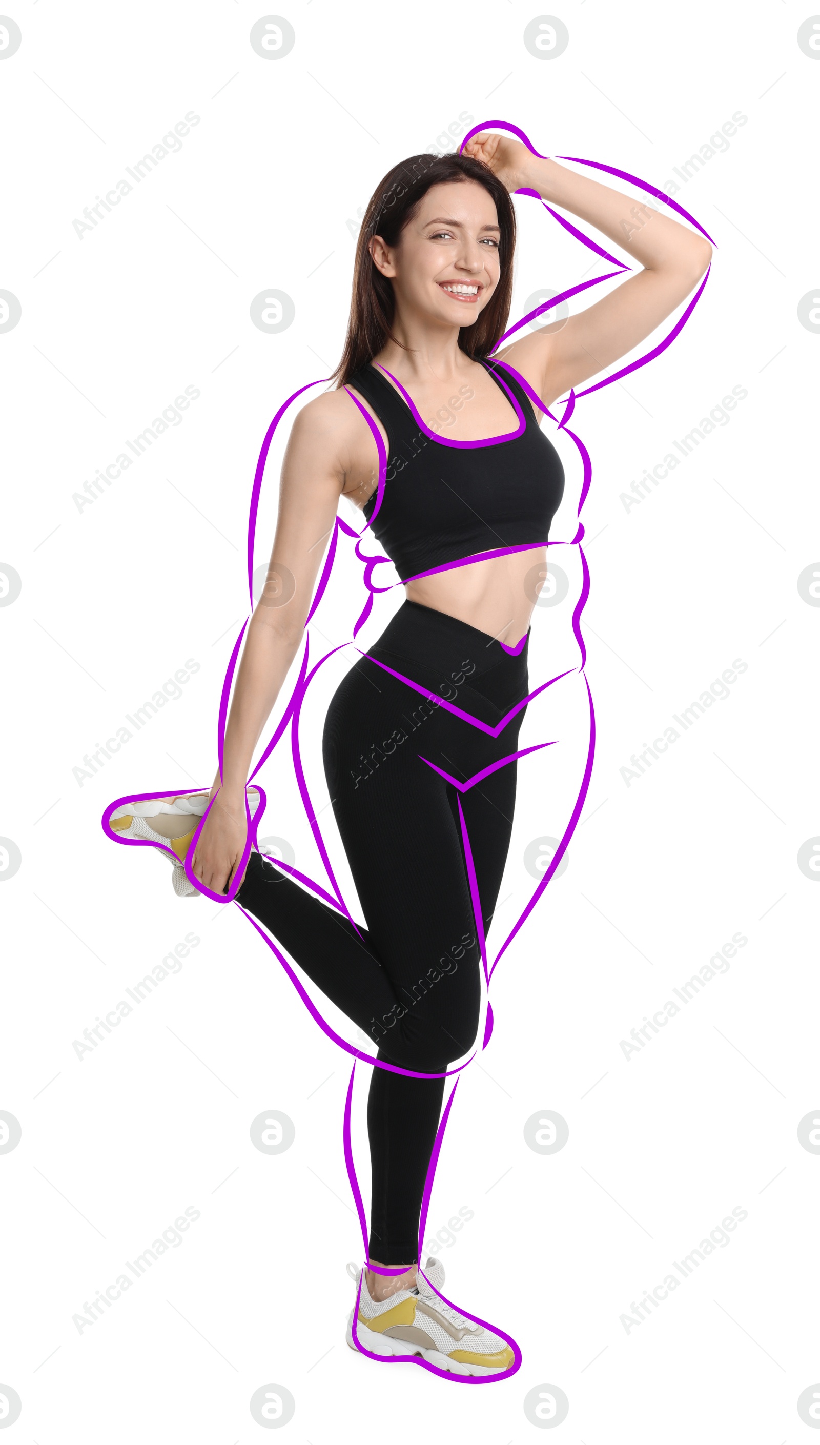Beautiful woman with fit figure on white background. Lines around her body showing overweight shape before. Healthy lifestyle Image of Beautiful woman with fit figure on white background. Lines around her body showing overweight shape before. Healthy lifestyle
