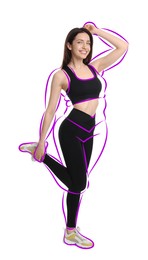 Image of Beautiful woman with fit figure on white background. Lines around her body showing overweight shape before. Healthy lifestyle