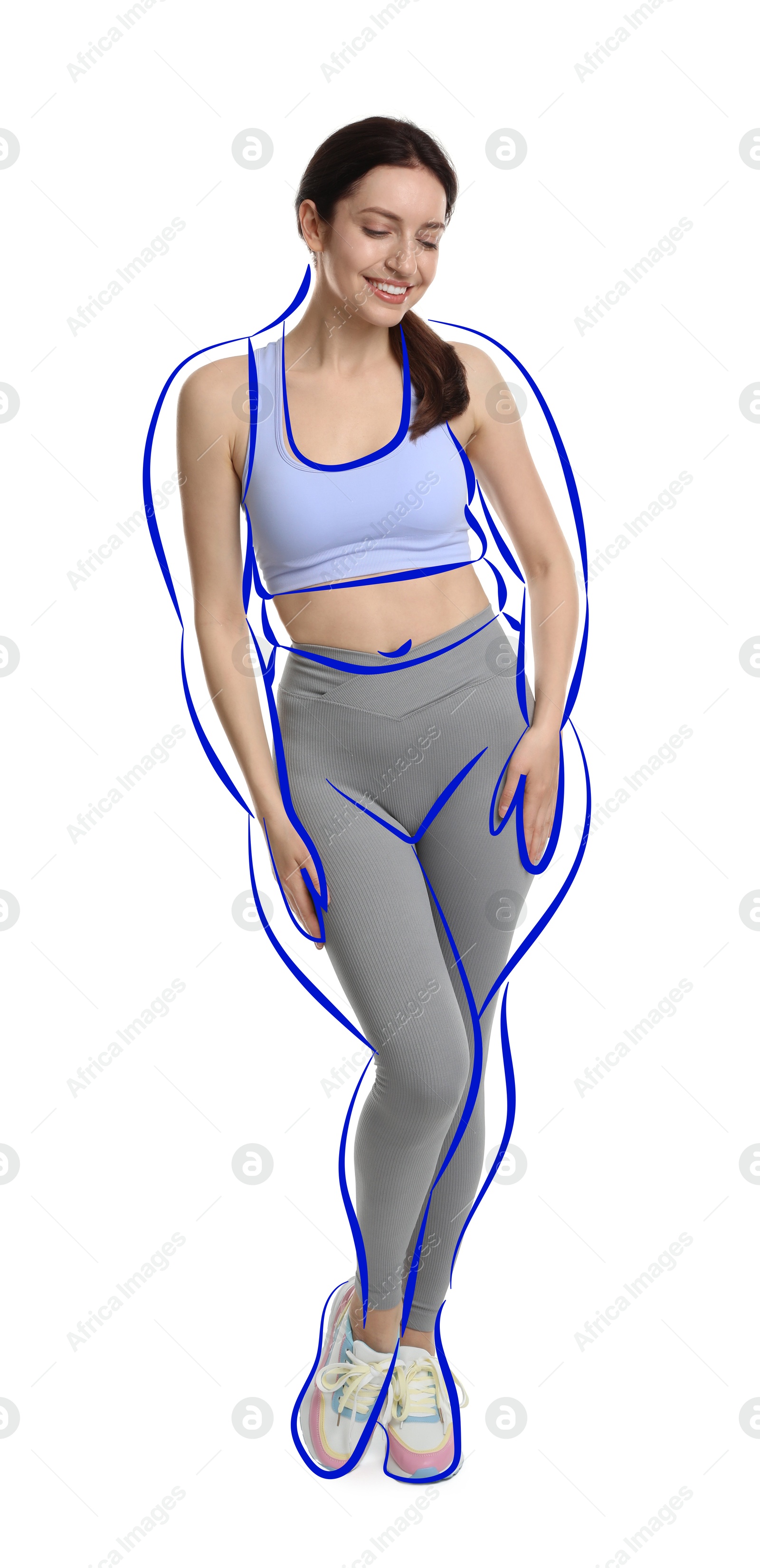 Beautiful woman with fit figure on white background. Lines around her body showing overweight shape before. Healthy lifestyle Image of Beautiful woman with fit figure on white background. Lines around her body showing overweight shape before. Healthy lifestyle