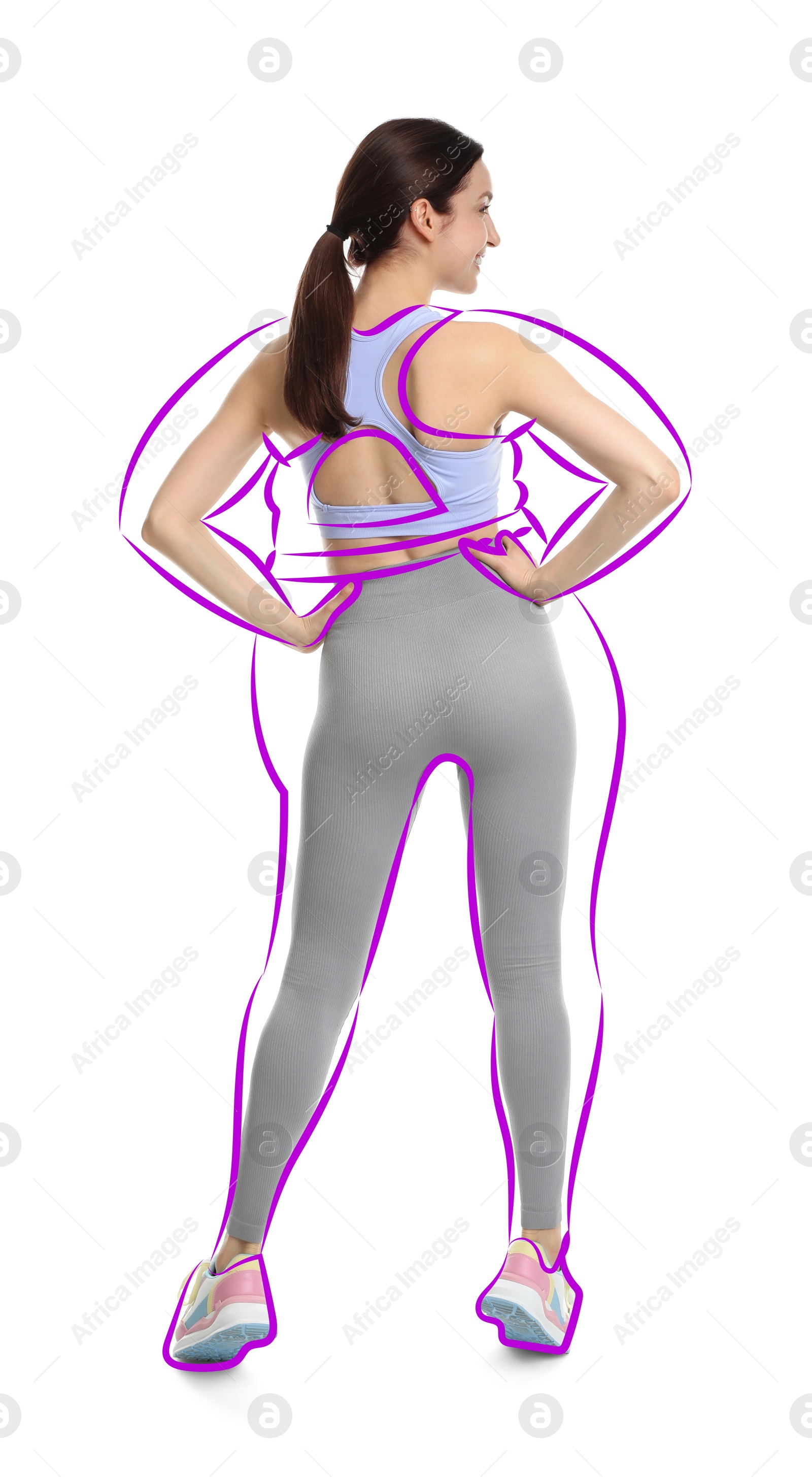 Beautiful woman with fit figure on white background. Lines around her body showing overweight shape before. Healthy lifestyle Image of Beautiful woman with fit figure on white background. Lines around her body showing overweight shape before. Healthy lifestyle