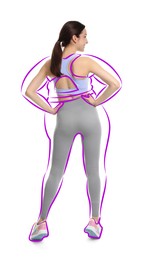 Image of Beautiful woman with fit figure on white background. Lines around her body showing overweight shape before. Healthy lifestyle