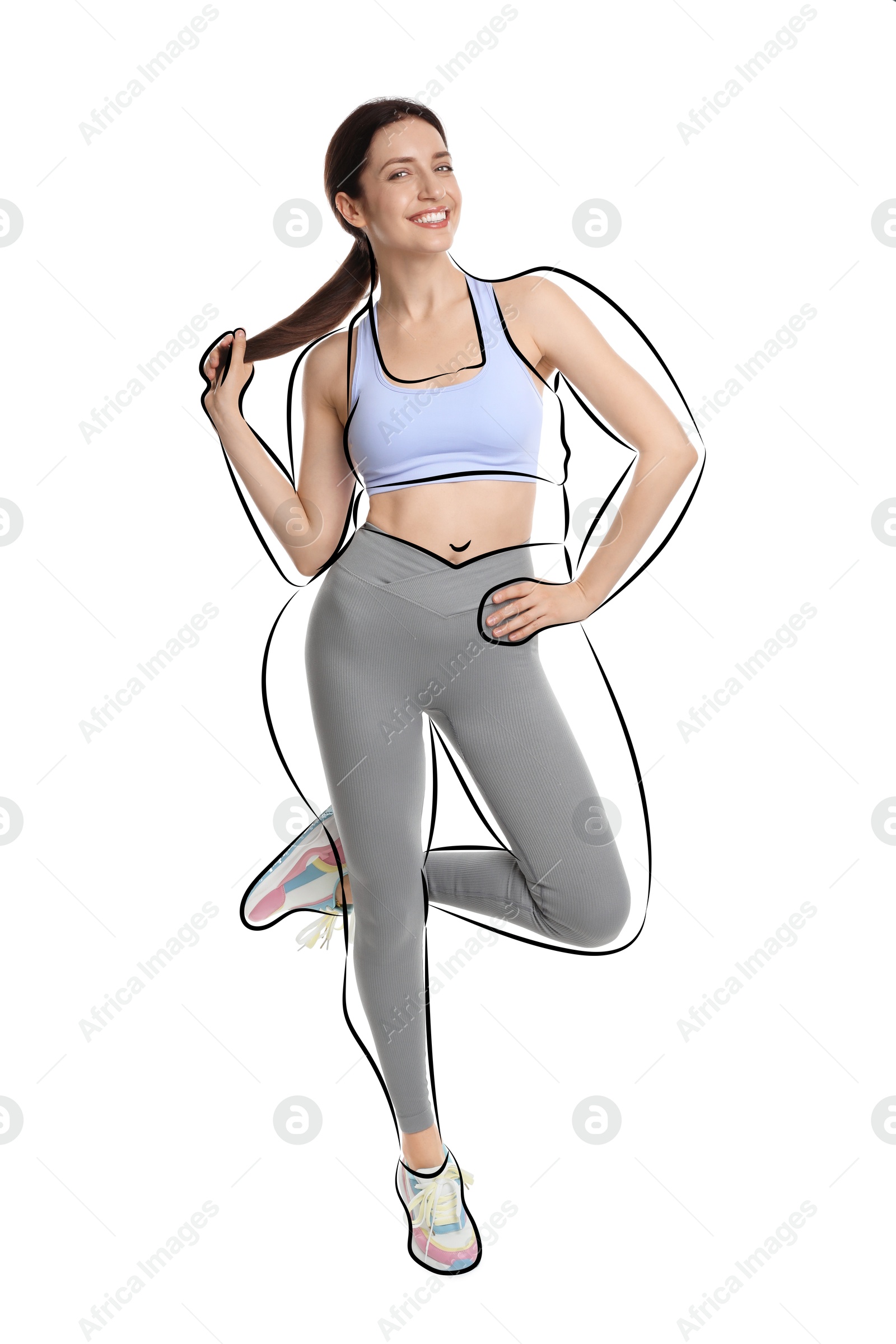 Beautiful woman with fit figure on white background. Lines around her body showing overweight shape before. Healthy lifestyle Image of Beautiful woman with fit figure on white background. Lines around her body showing overweight shape before. Healthy lifestyle