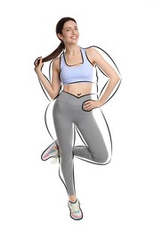 Image of Beautiful woman with fit figure on white background. Lines around her body showing overweight shape before. Healthy lifestyle