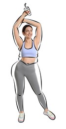 Image of Beautiful woman with fit figure on white background. Lines around her body showing overweight shape before and love for unhealthy sweet drinks. Healthy lifestyle.