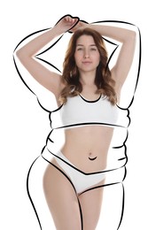 Image of Beautiful woman with fit figure on white background. Lines around her body showing overweight shape before. Healthy lifestyle
