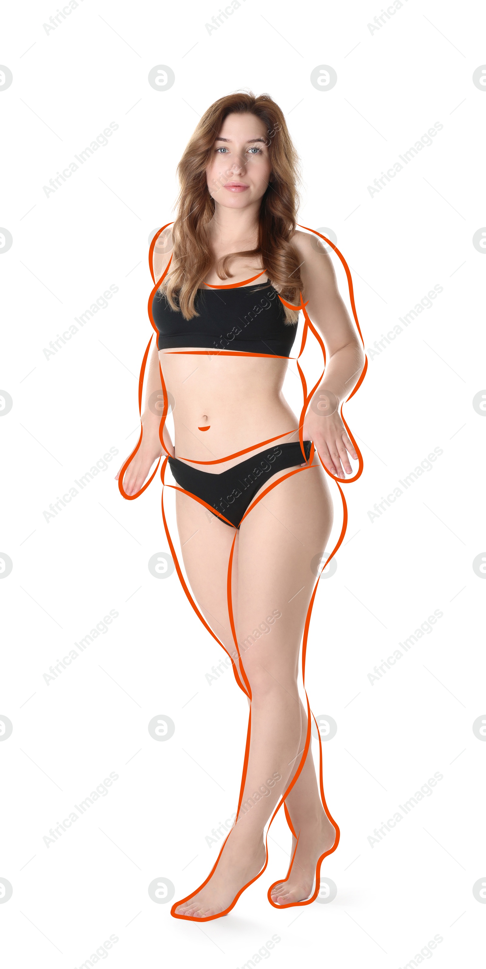 Beautiful woman with fit figure on white background. Lines around her body showing overweight shape before. Healthy lifestyle Image of Beautiful woman with fit figure on white background. Lines around her body showing overweight shape before. Healthy lifestyle