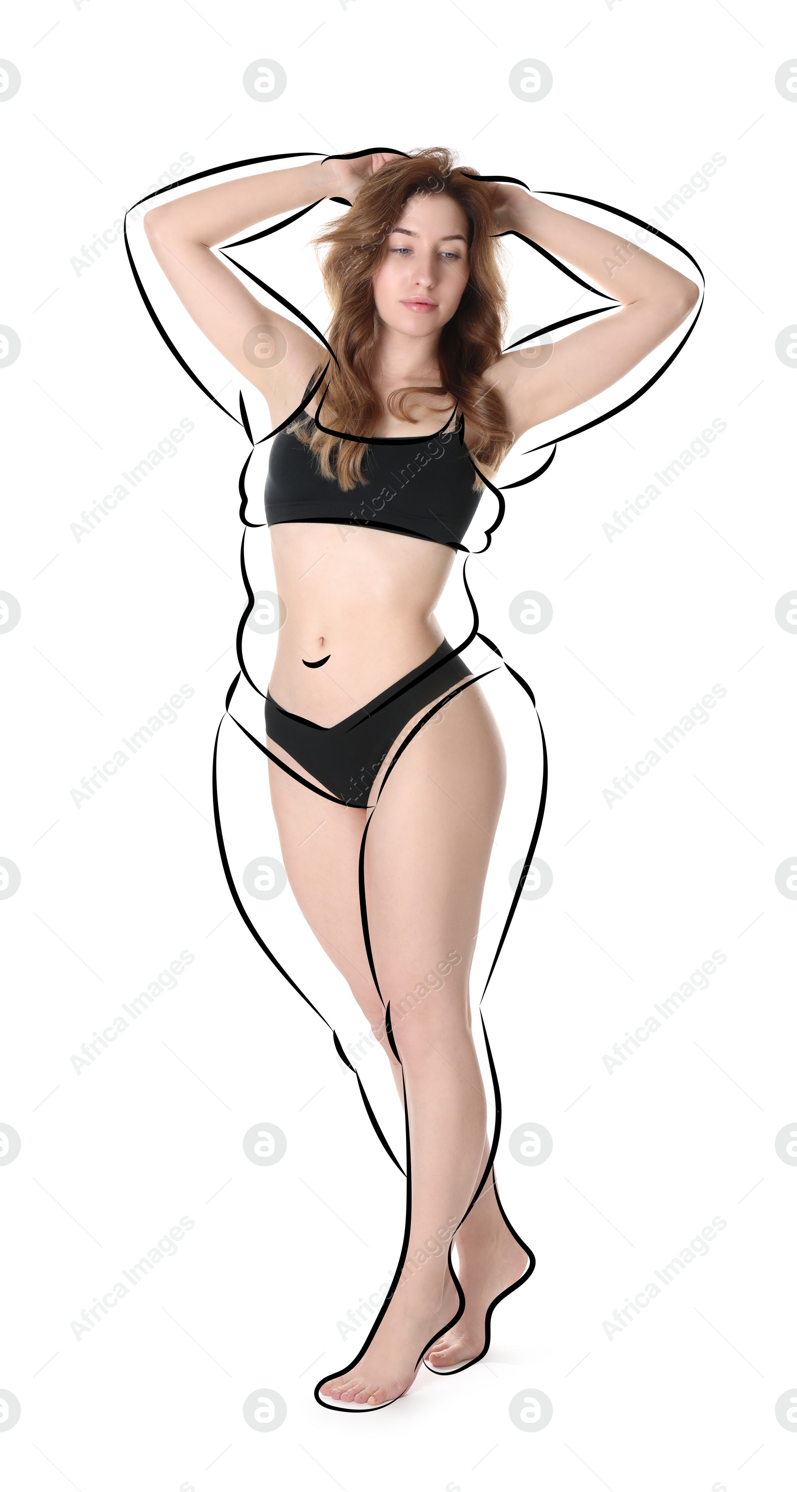 Beautiful woman with fit figure on white background. Lines around her body showing overweight shape before. Healthy lifestyle Image of Beautiful woman with fit figure on white background. Lines around her body showing overweight shape before. Healthy lifestyle