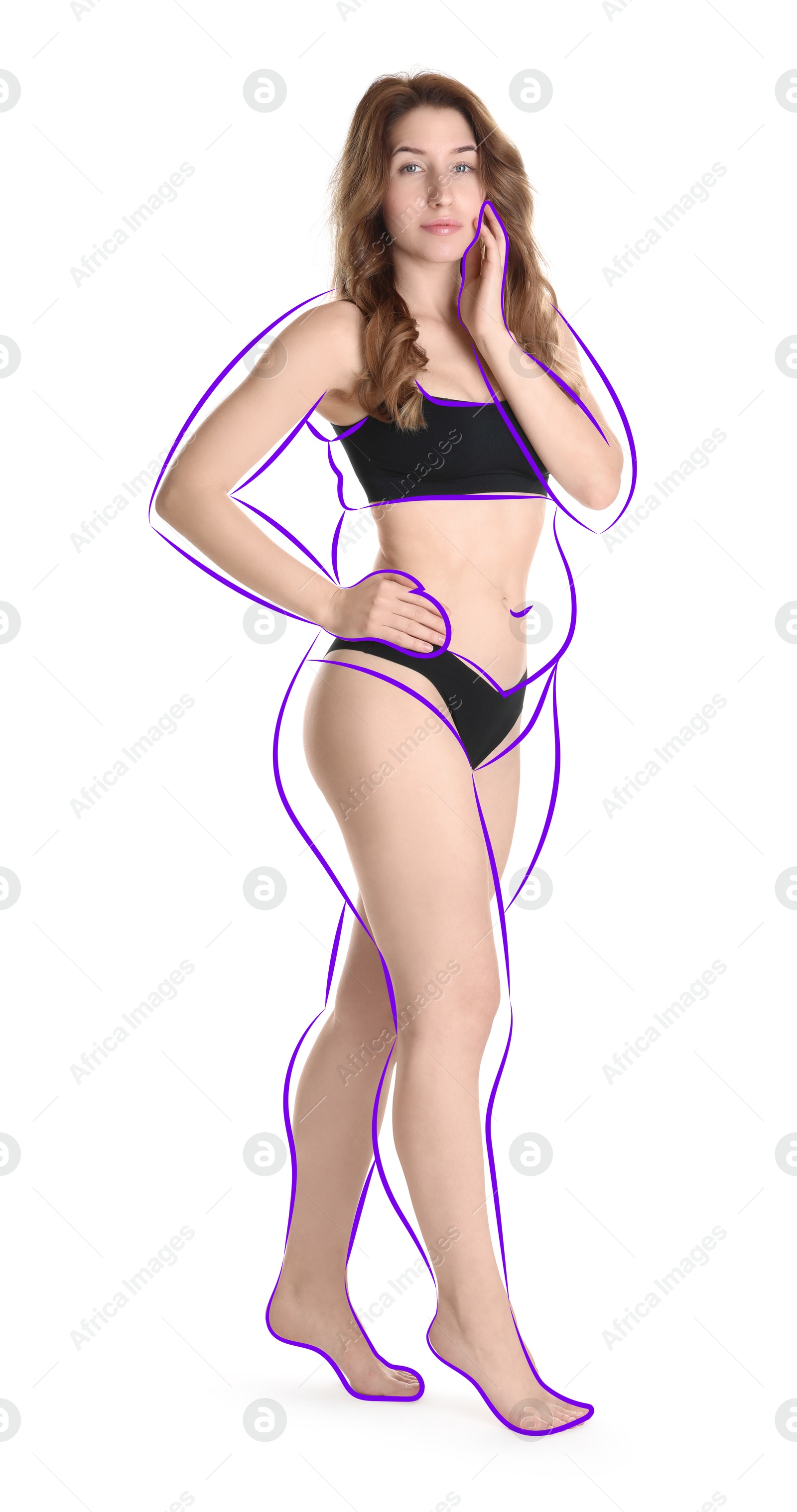 Beautiful woman with fit figure on white background. Lines around her body showing overweight shape before. Healthy lifestyle Image of Beautiful woman with fit figure on white background. Lines around her body showing overweight shape before. Healthy lifestyle
