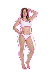 Image of Beautiful woman with fit figure on white background. Lines around her body showing overweight shape before. Healthy lifestyle