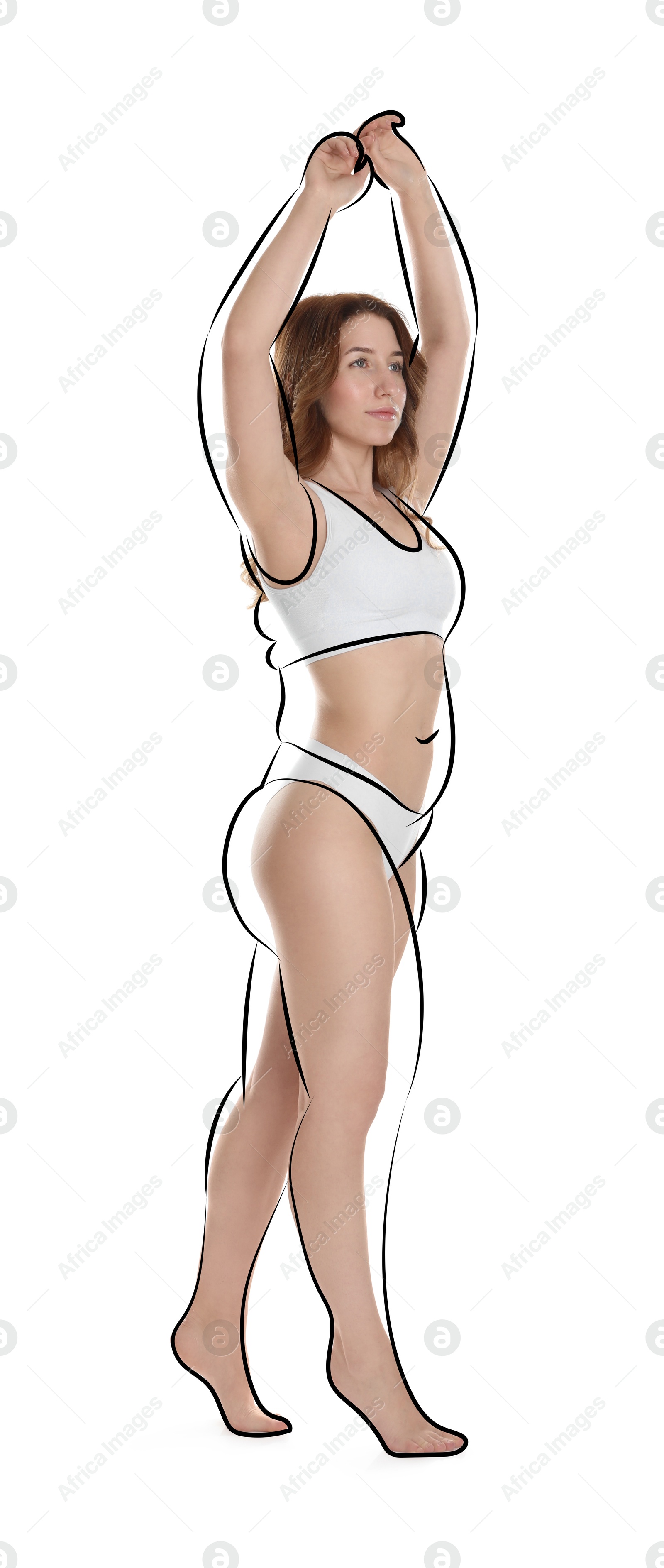 Beautiful woman with fit figure on white background. Lines around her body showing overweight shape before. Healthy lifestyle Image of Beautiful woman with fit figure on white background. Lines around her body showing overweight shape before. Healthy lifestyle