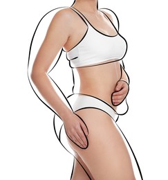 Image of Beautiful woman with fit figure on white background, closeup. Lines around her body showing overweight shape before. Healthy lifestyle