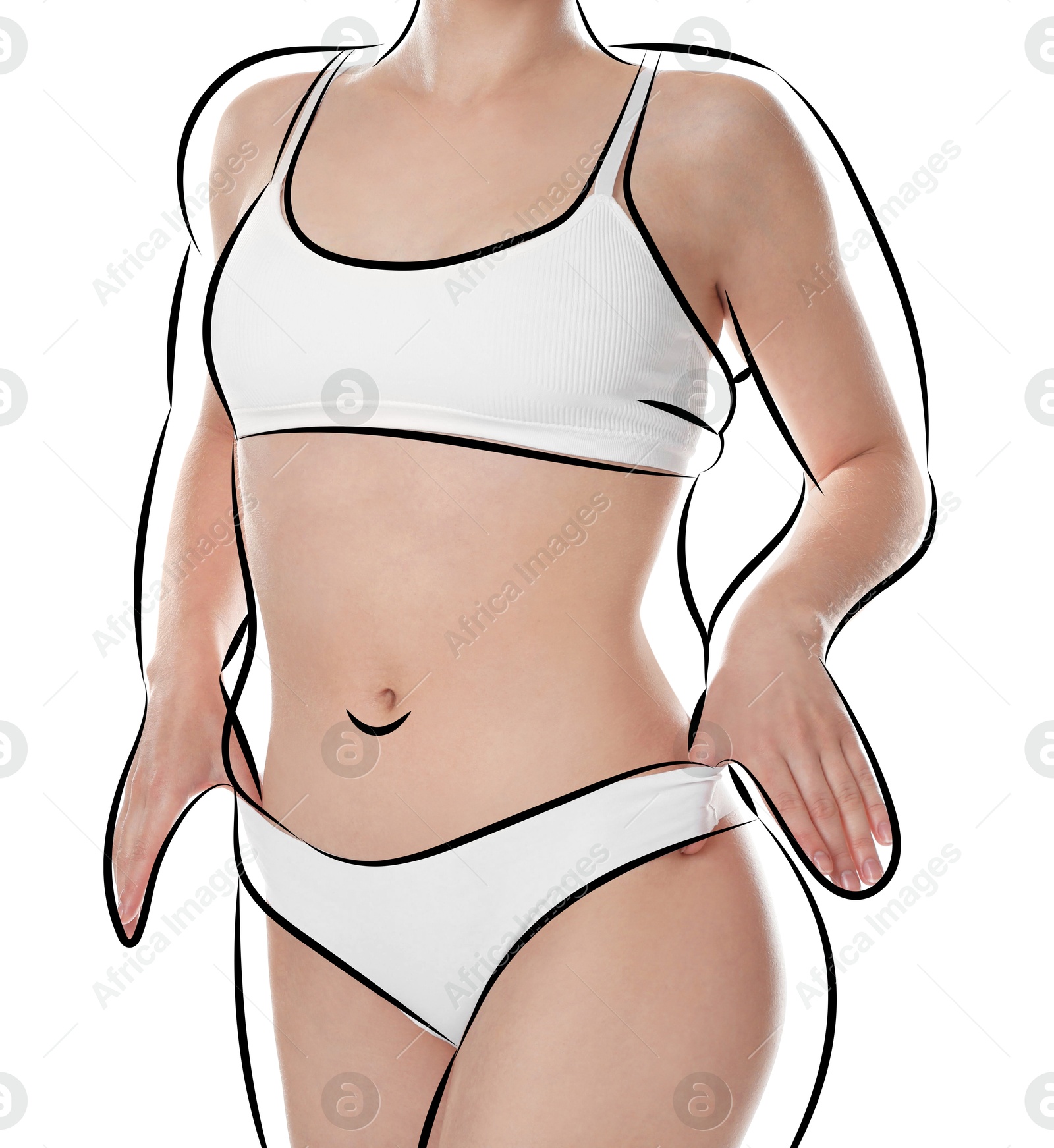 Beautiful woman with fit figure on white background, closeup. Lines around her body showing overweight shape before. Healthy lifestyle Image of Beautiful woman with fit figure on white background, closeup. Lines around her body showing overweight shape before. Healthy lifestyle