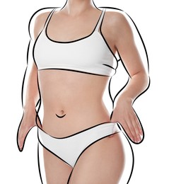 Image of Beautiful woman with fit figure on white background, closeup. Lines around her body showing overweight shape before. Healthy lifestyle