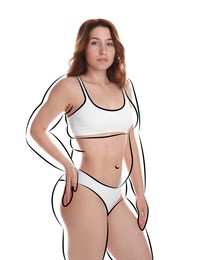 Image of Beautiful woman with fit figure on white background. Lines around her body showing overweight shape before. Healthy lifestyle