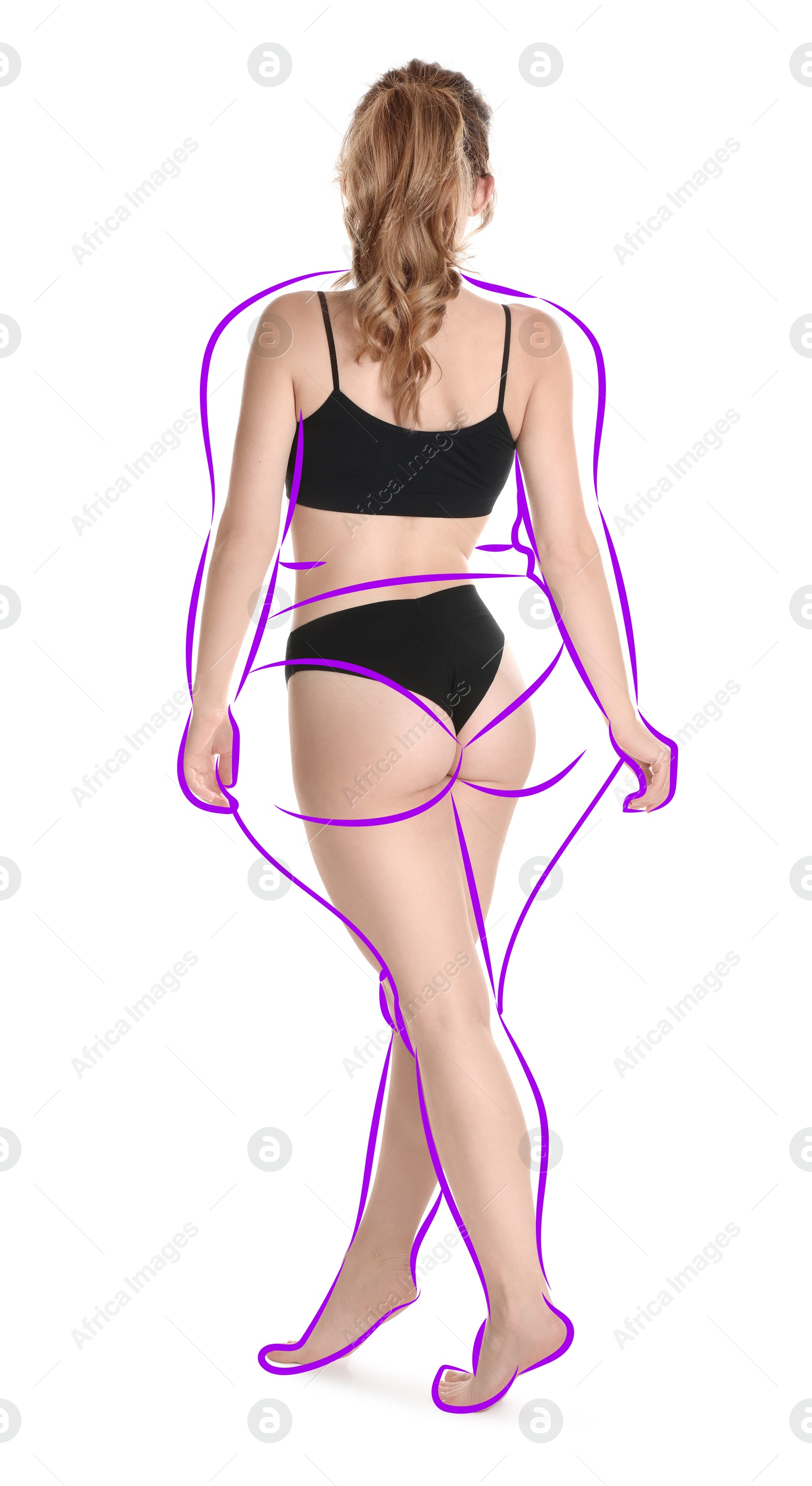 Beautiful woman with fit figure on white background. Lines around her body showing overweight shape before. Healthy lifestyle Image of Beautiful woman with fit figure on white background. Lines around her body showing overweight shape before. Healthy lifestyle