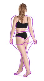 Image of Beautiful woman with fit figure on white background. Lines around her body showing overweight shape before. Healthy lifestyle