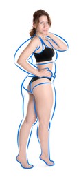 Image of Beautiful woman with fit figure on white background. Lines around her body showing overweight shape before. Healthy lifestyle