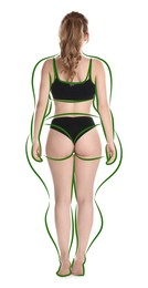 Image of Beautiful woman with fit figure on white background. Lines around her body showing overweight shape before. Healthy lifestyle