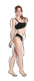 Image of Beautiful woman with fit figure on white background. Lines around her body showing overweight shape before. Healthy lifestyle