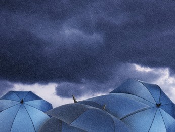 Image of Blue umbrellas under heavy rain. Stormy weather
