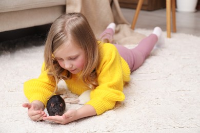 Photo of Little girl with cute rats on floor at home