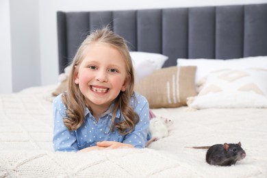 Photo of Little girl with cute rats on bed at home