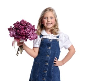 Photo of Little girl with bouquet of lilac flowers on white background