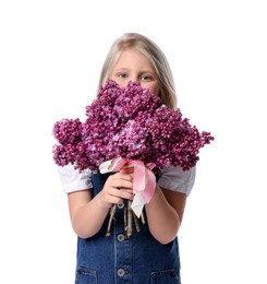 Photo of Little girl with bouquet of lilac flowers on white background
